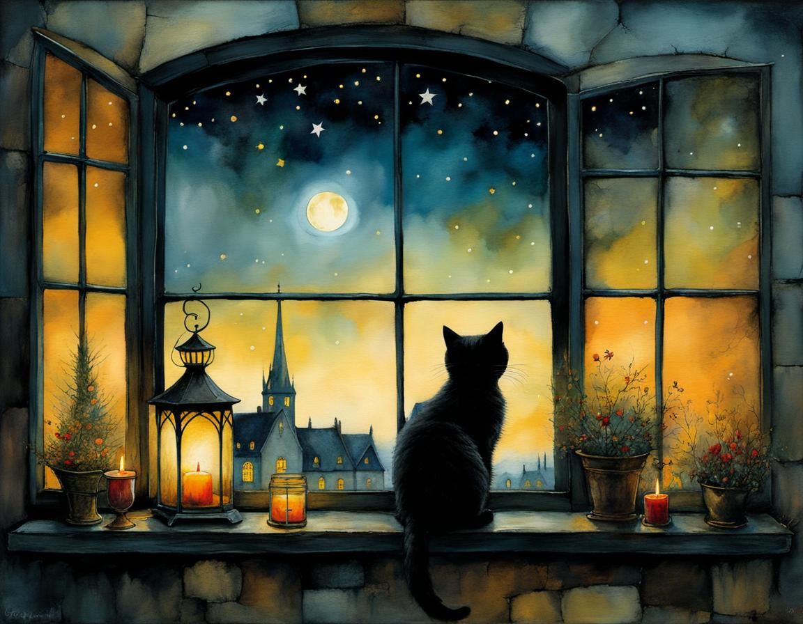 Whimsical Kitty at Twilight: Alcohol Ink Illustration