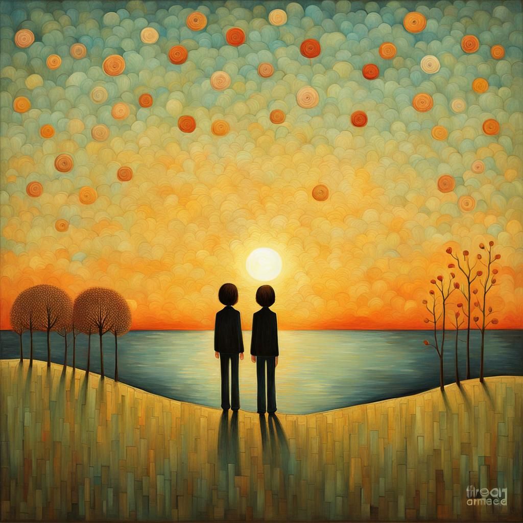 Happy Friends Watching Sunset in Art Brut Style
