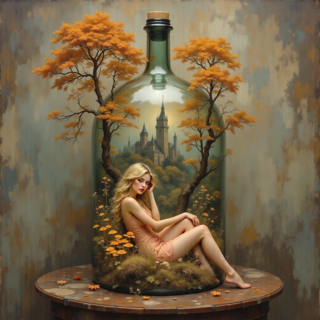 Miniature Autumn Landscape Inside a Broken Bottle
