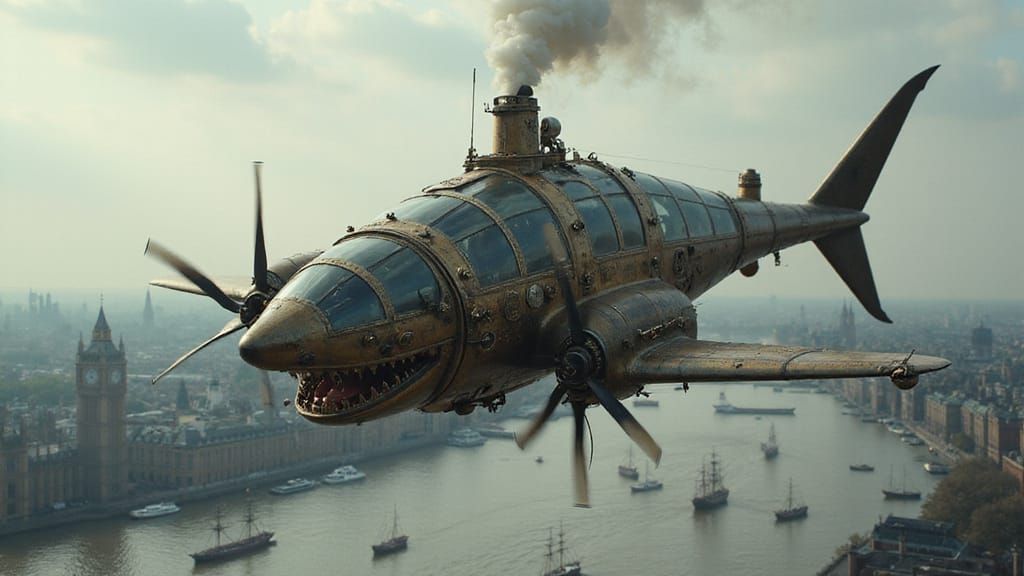 Steampunk Shark Aircraft Soars Over Victorian London