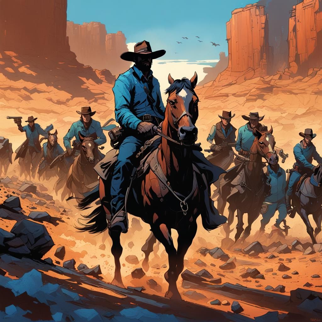 Intense Cowboy Shootout in Blue Gradient