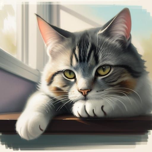 Tonalist Watercolor Cat on Windowsill