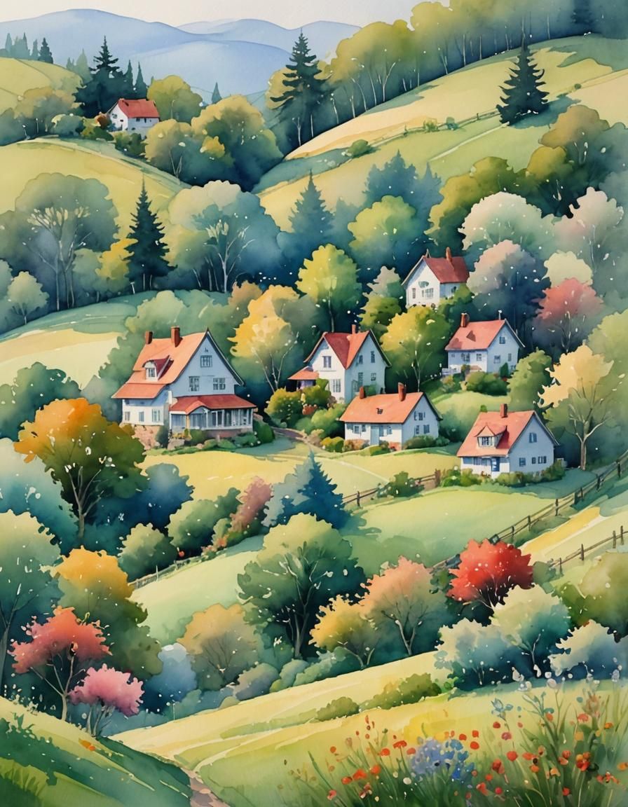 Ethereal Watercolor of Idyllic House on Hill