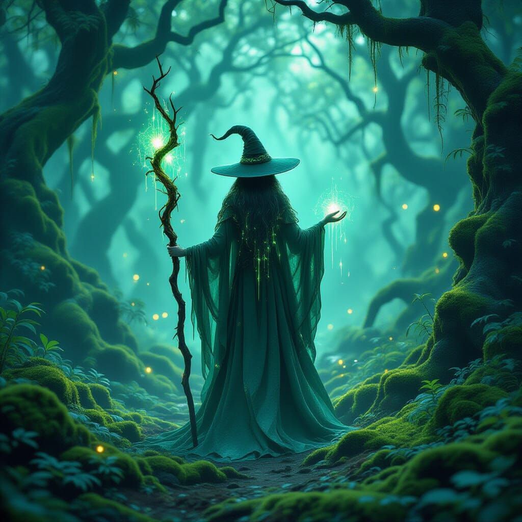 Mystical Witch in Emerald Robes in Ancient Forest