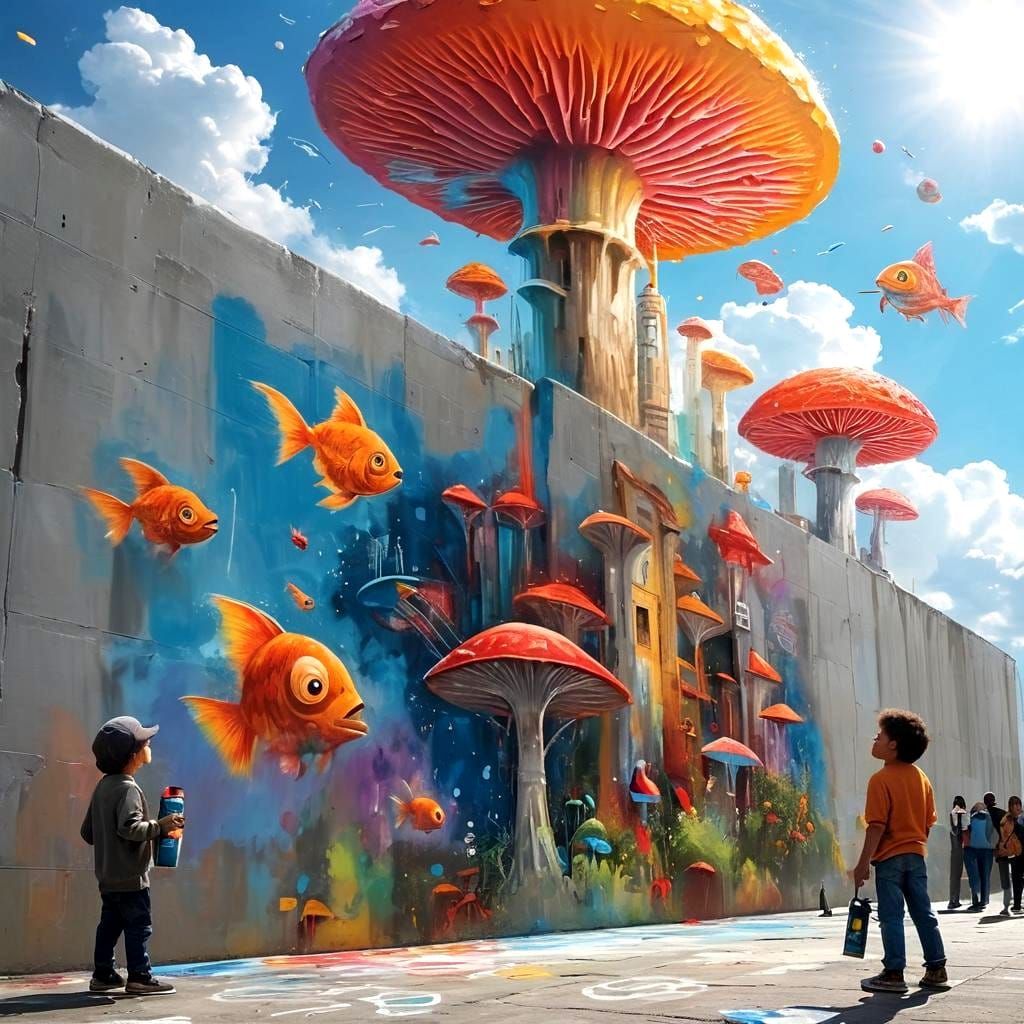 Boy Paints Surreal Dreamscape Mural on Concrete Wall