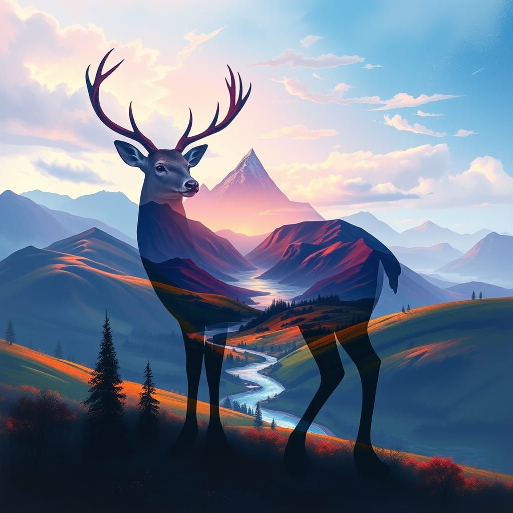 Deer Silhouette Filled with Colorful Landscape Art
