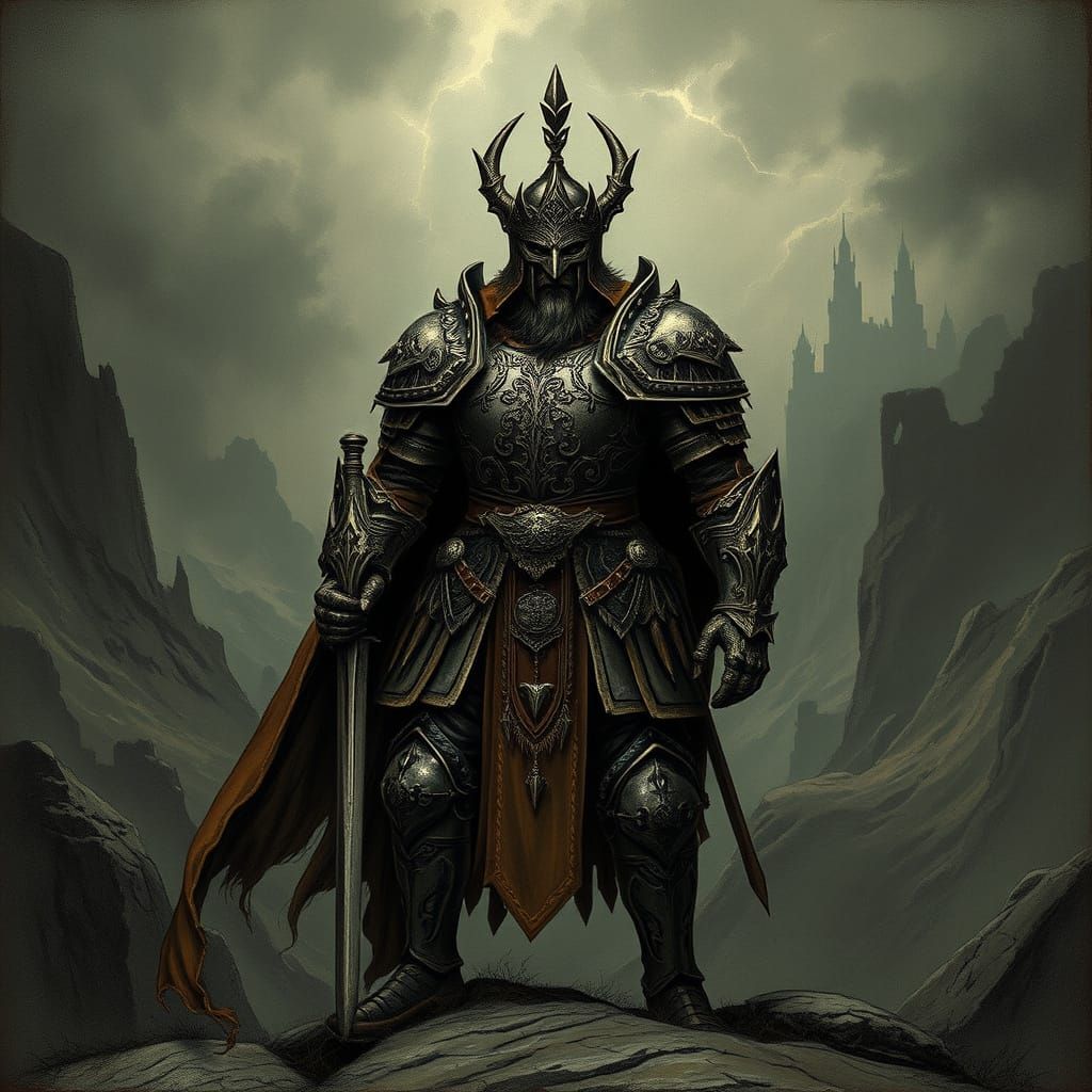 Majestic Warrior in Dark Fantasy Landscape