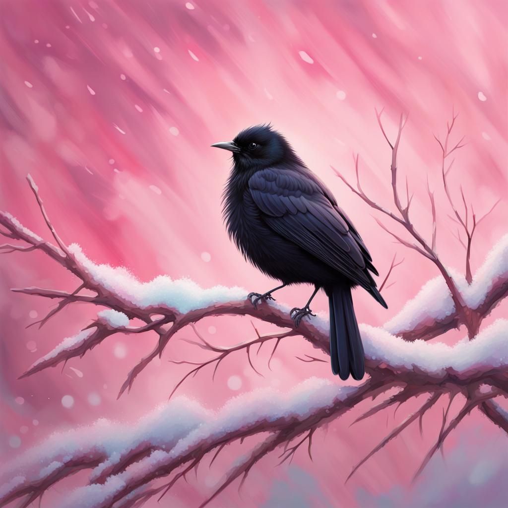 Fluffy Black Bird in Snow with Pink Splash Art