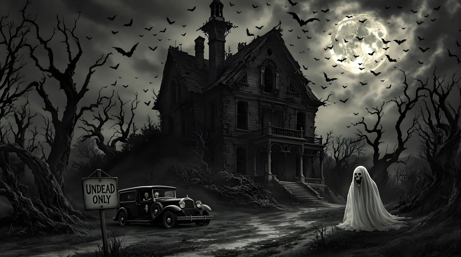 Scary Haunted House with Ghost and Hearse