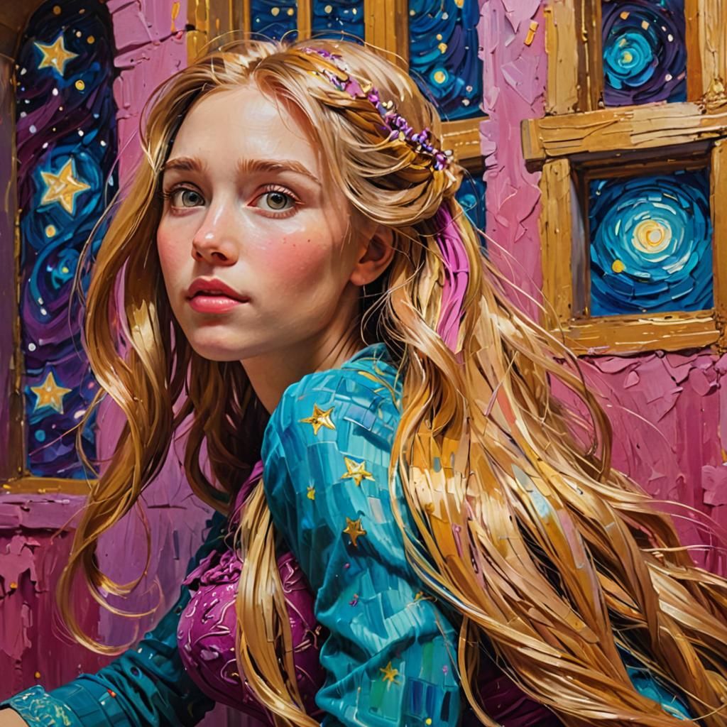 Rapunzel in Tower: Abstract Surrealist Van Gogh Style