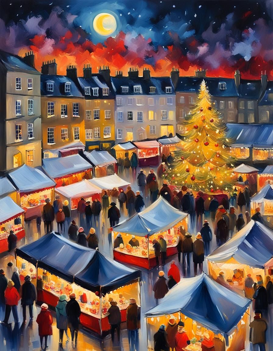 Festive Christmas Market in Impressionist Oil Painting