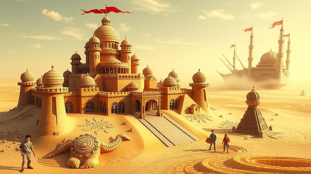 Colossal Sandcastle Palace in Shimmering Desert
