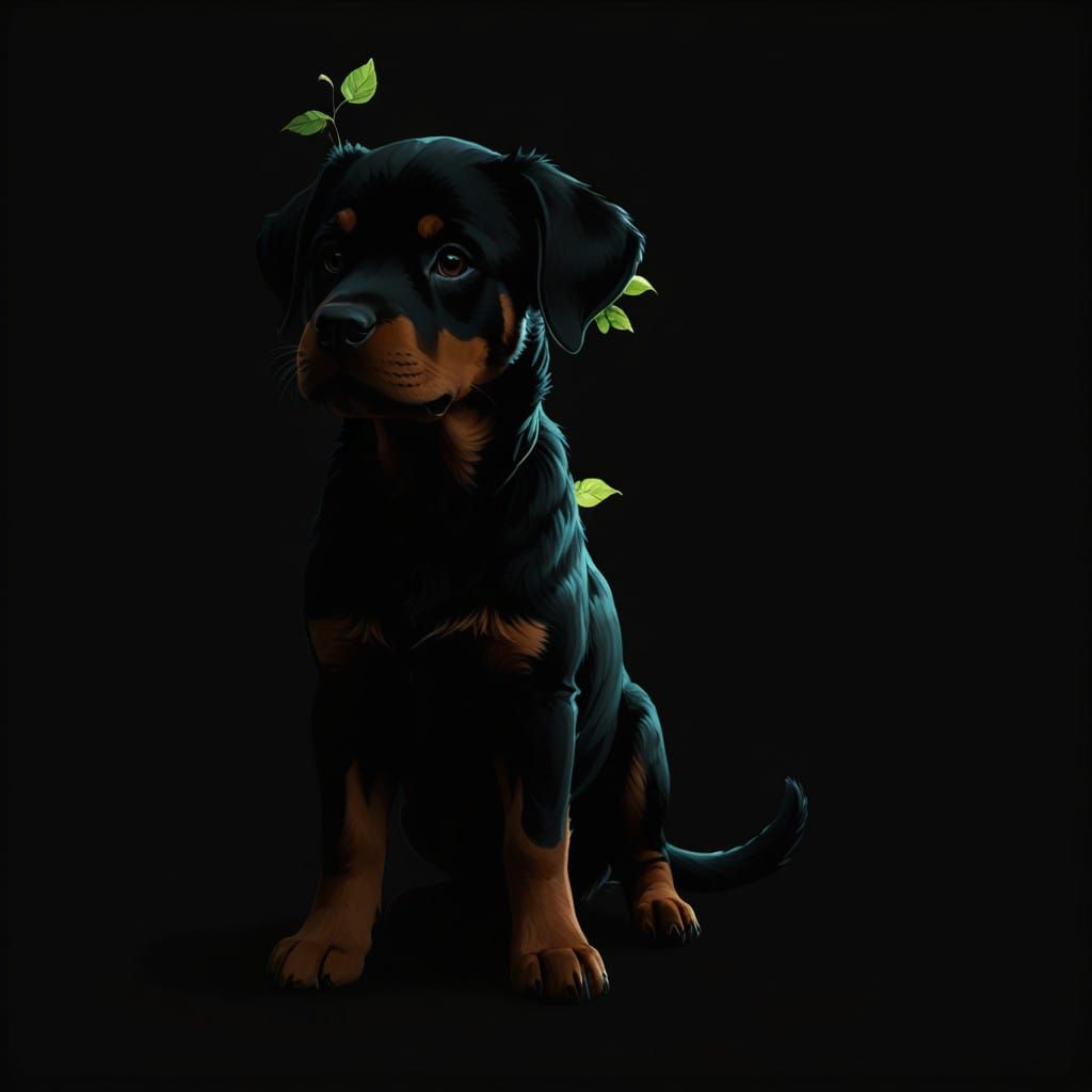 Magical Rottweiler Puppy in Whimsical Forest