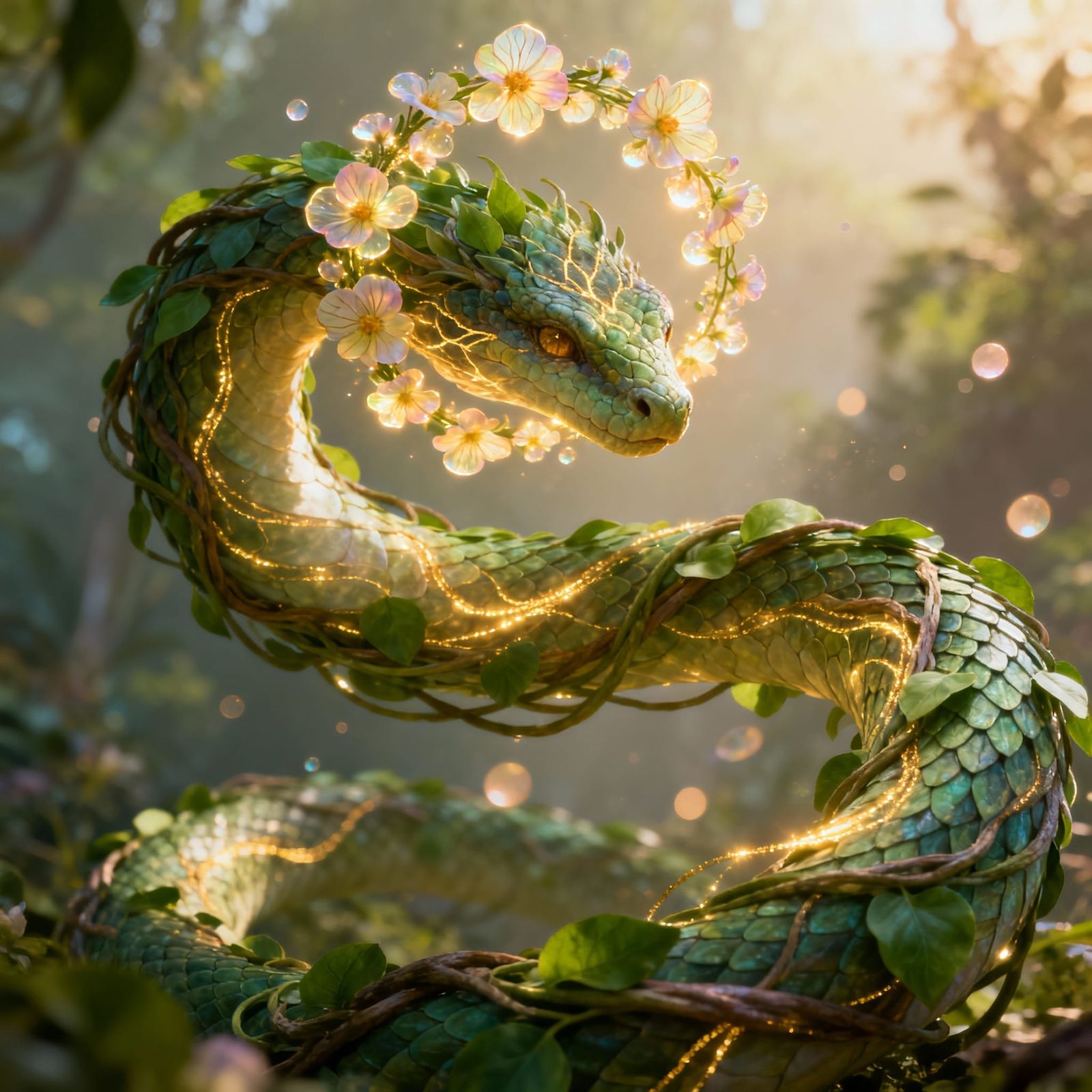 Elegant Vine Serpent with Flower Halo and Golden Light