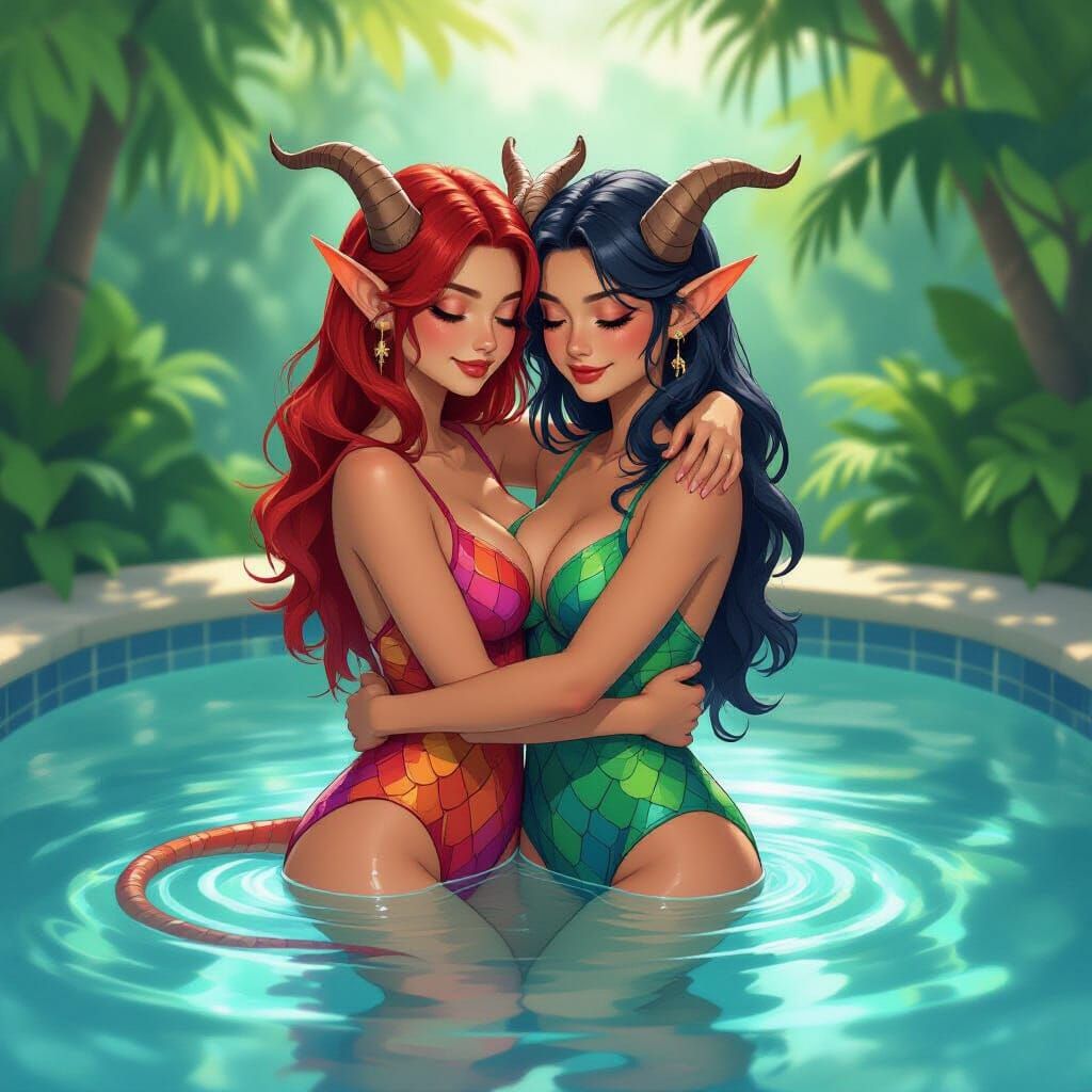 Two Tieflings Embrace in a Lush Pool