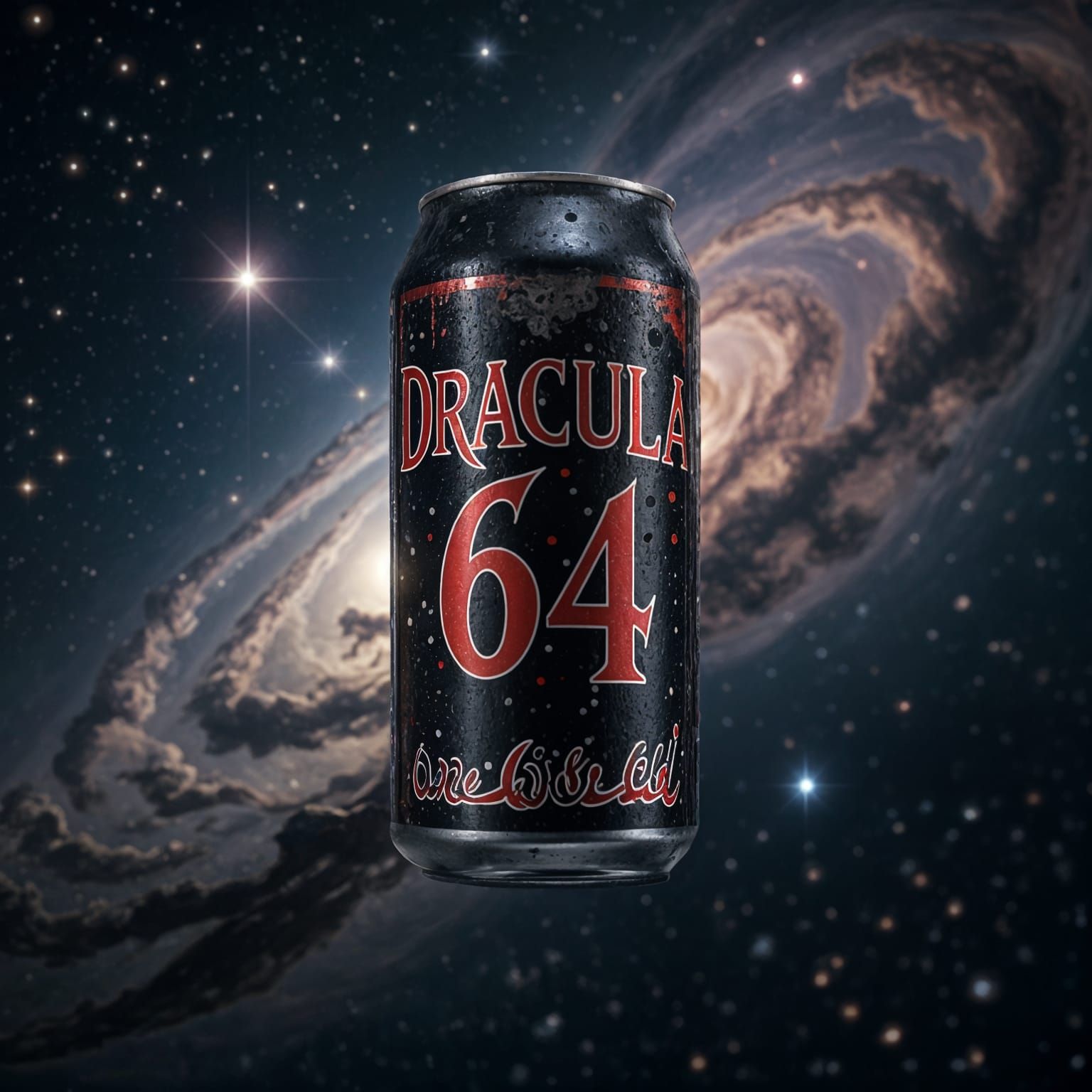 Dracula 64 Soda Can Floating in Cosmic Nebula