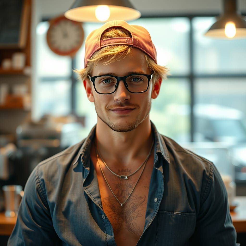 Confident Man in Cafe, Hyperrealistic Style