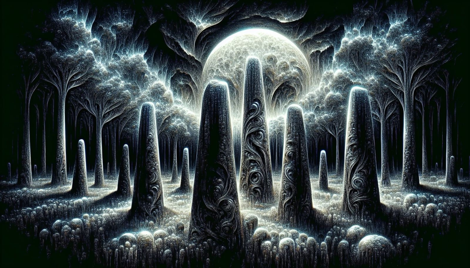 Magical Cosmic Forest with Menhirs in Japanese Illustration ...