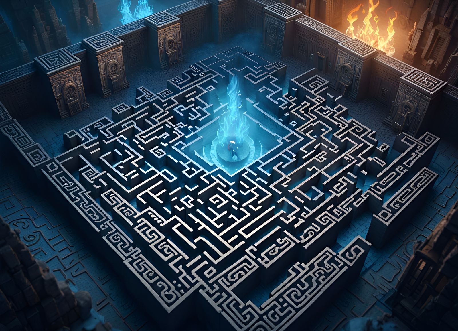 Creepy Ancient Mayan Labyrinth with Skulls and Fire