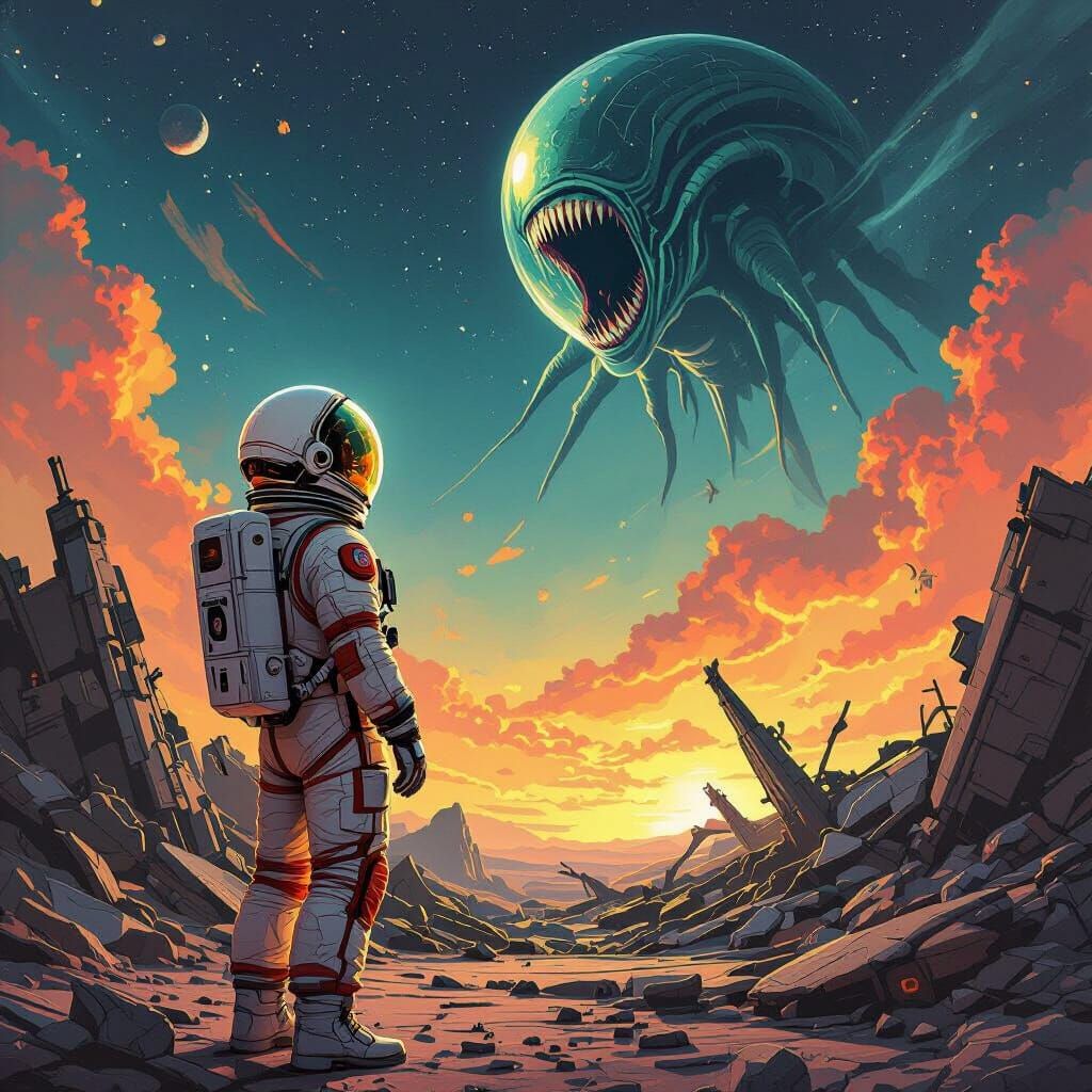 Astronaut and Alien Creature in Sci-Fi Landscape