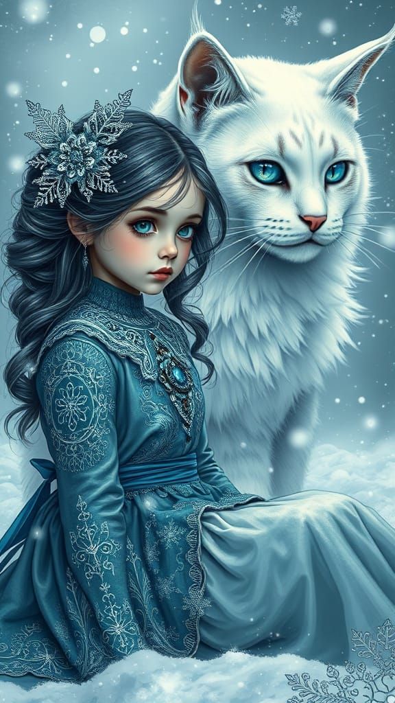 Victorian Gothic Cyberpunk Girl with Snow Cat