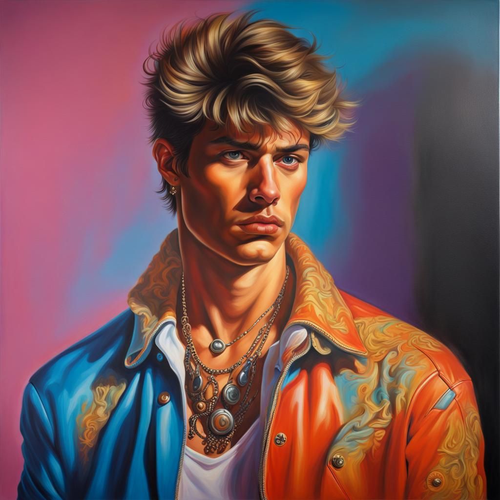 Young Man in 80s Club Style, Hyperrealistic Splash Art