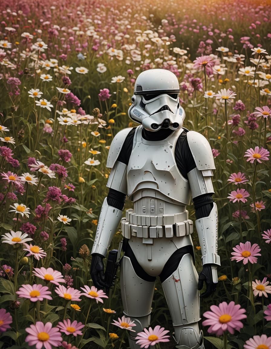 Stormtrooper in Flower Field, Hyperrealistic Mixed-Media
