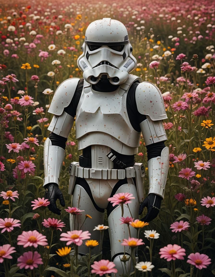 Stormtrooper in Flower Field: Hyperrealistic Cinematic Photo...