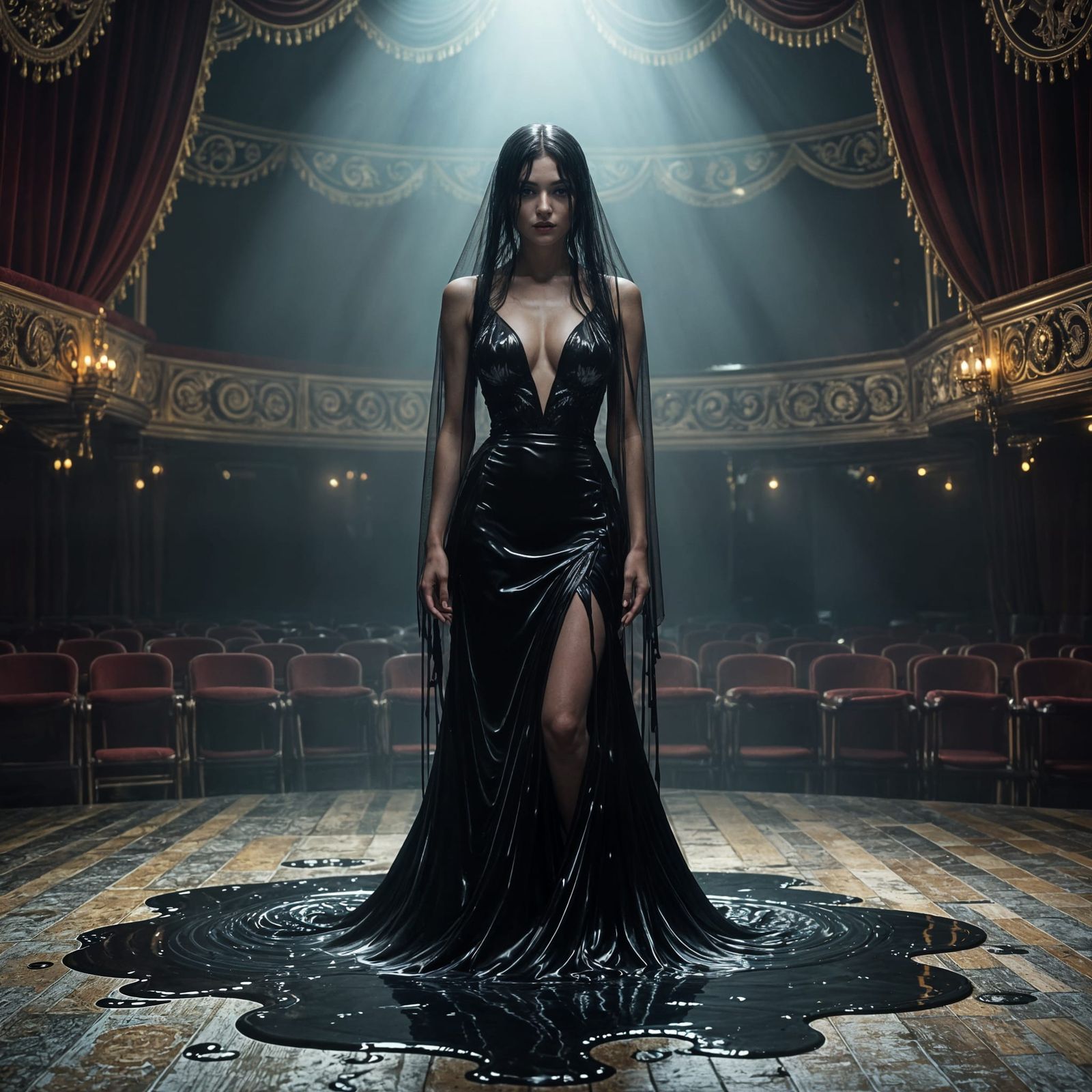 Showgirl Dissolving into Liquid in Surreal Theater