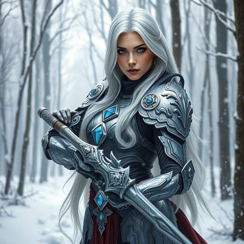 A woman with long white hair, adorned in intricate silver ar...