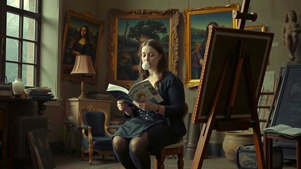 Mona Lisa in Studio Blowing Gum, Renaissance Style