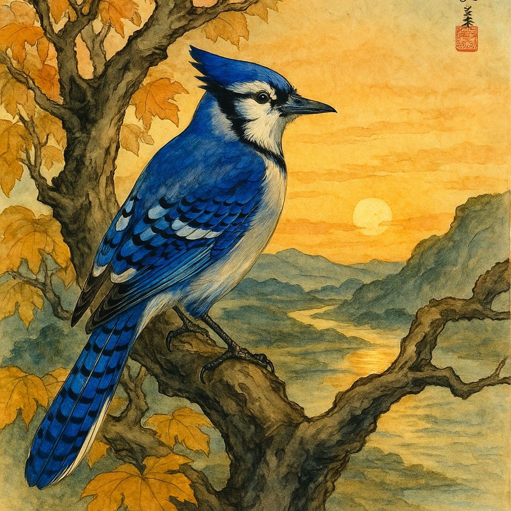 Blue Jay in Ukiyo-e Watercolor Style