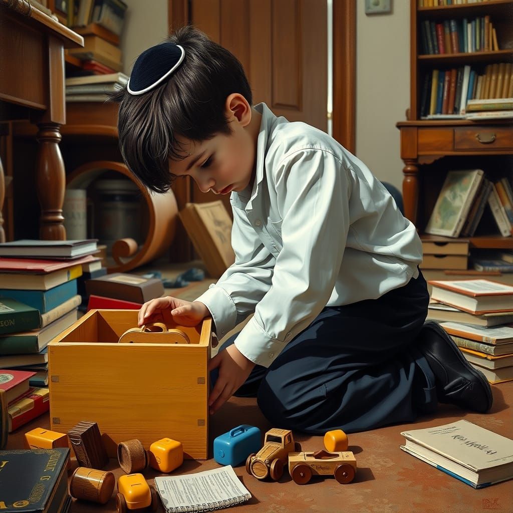 Ultra-Orthodox Boy Organizes Toys in Warm Cozy Room