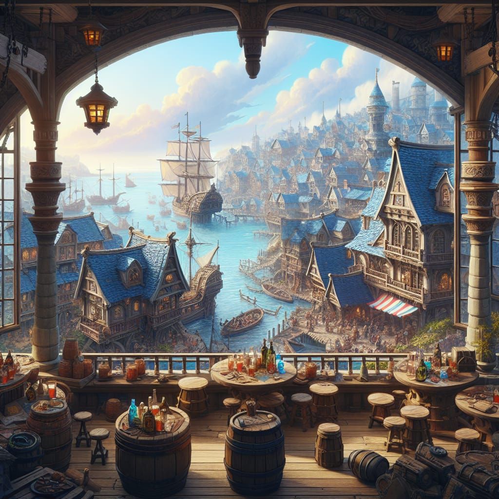 Vibrant Pirate Tavern Scene with Fantastical Harbor View