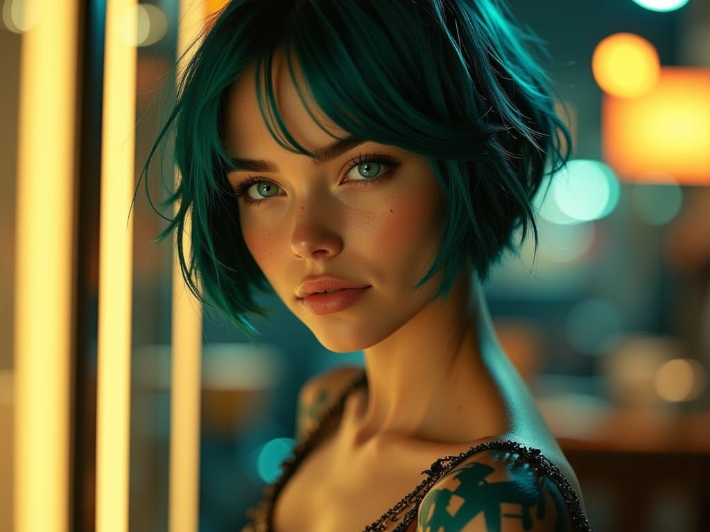 K-Pop Idol with Teal Hair and Neon Eyes