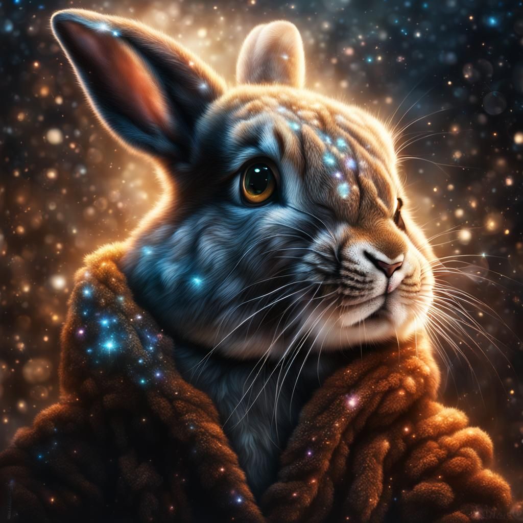 Glowing Galaxy Eyes Bunny in Fur Coat