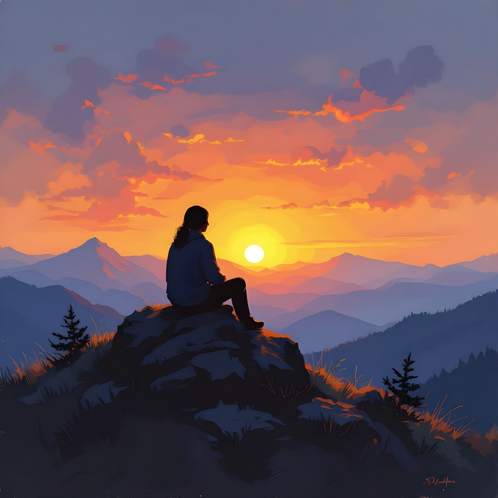 Peaceful Mountain Sunset Oil Painting