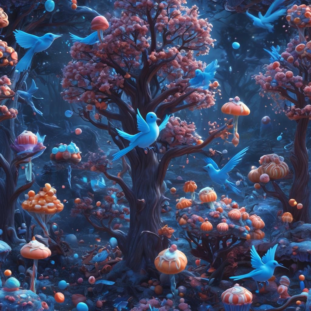 Vibrant Dreamlike Blue Landscape in Candy Art Style