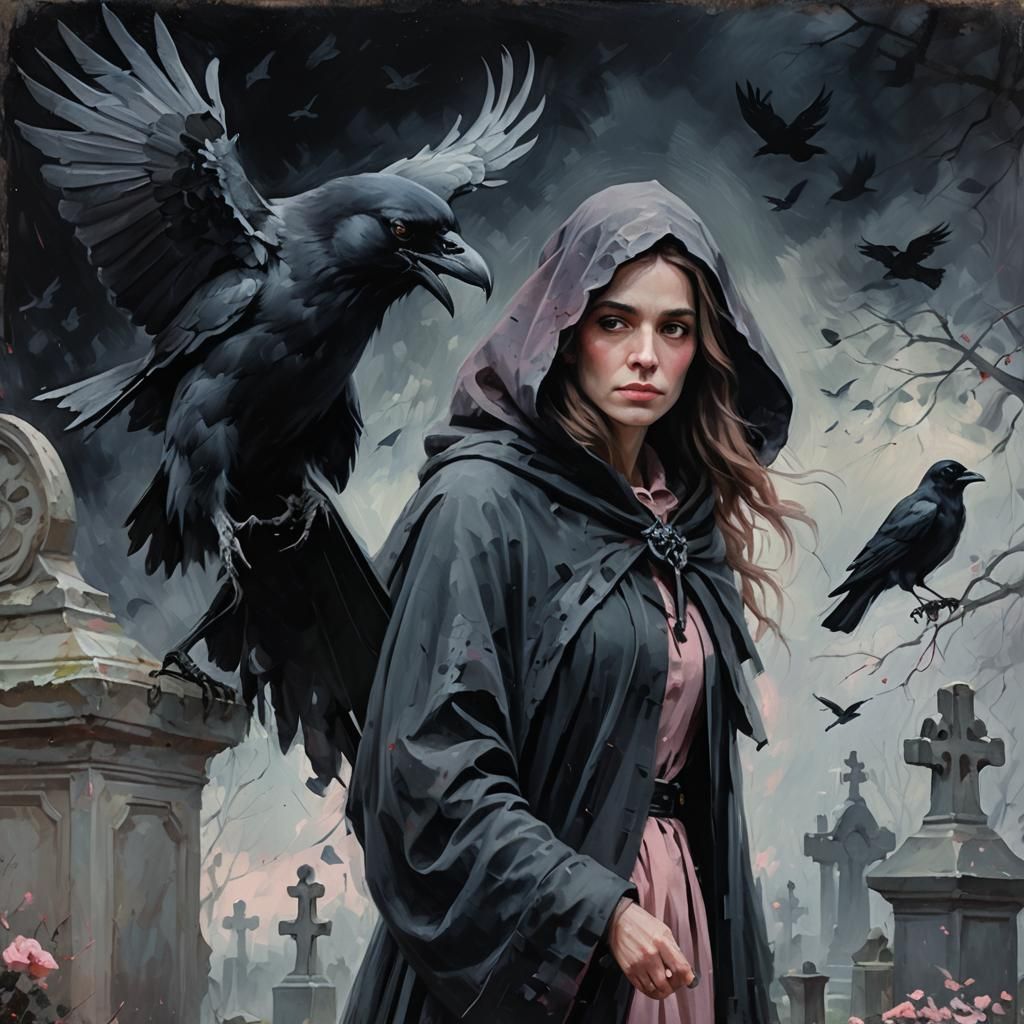 Crow Woman in Cemetery: Impressionist Oil Painting