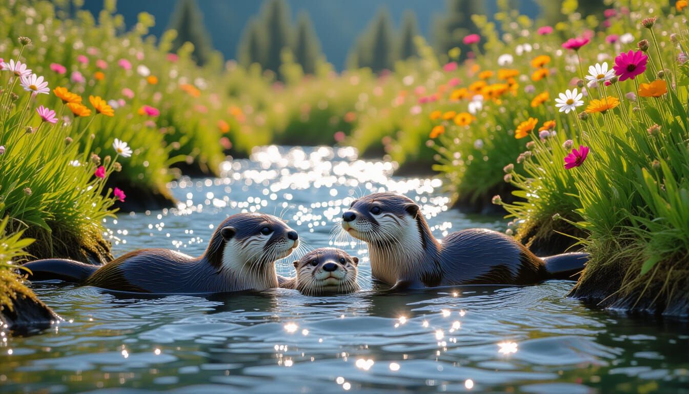 Otter Family Frolics in Alpine Meadow