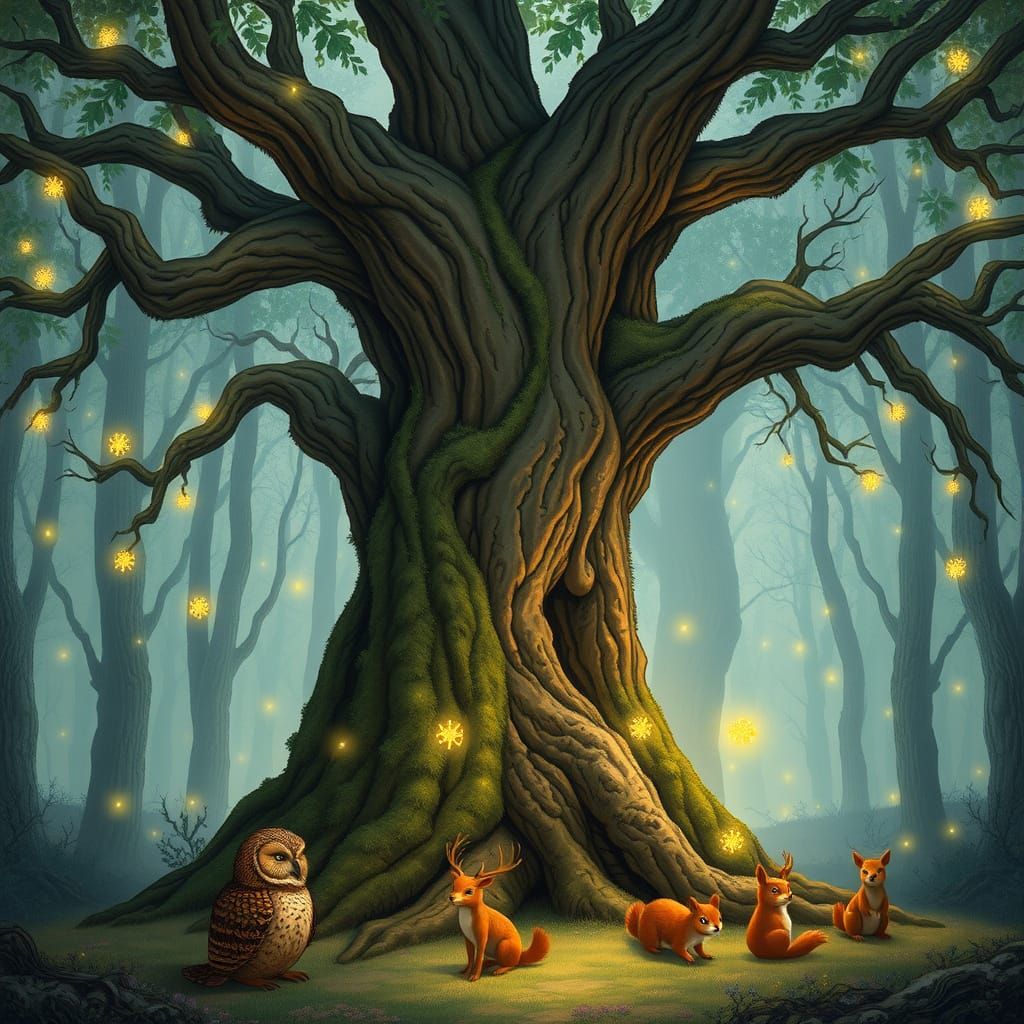 Medieval Forest Sanctuary with Majestic Tree and Fireflies