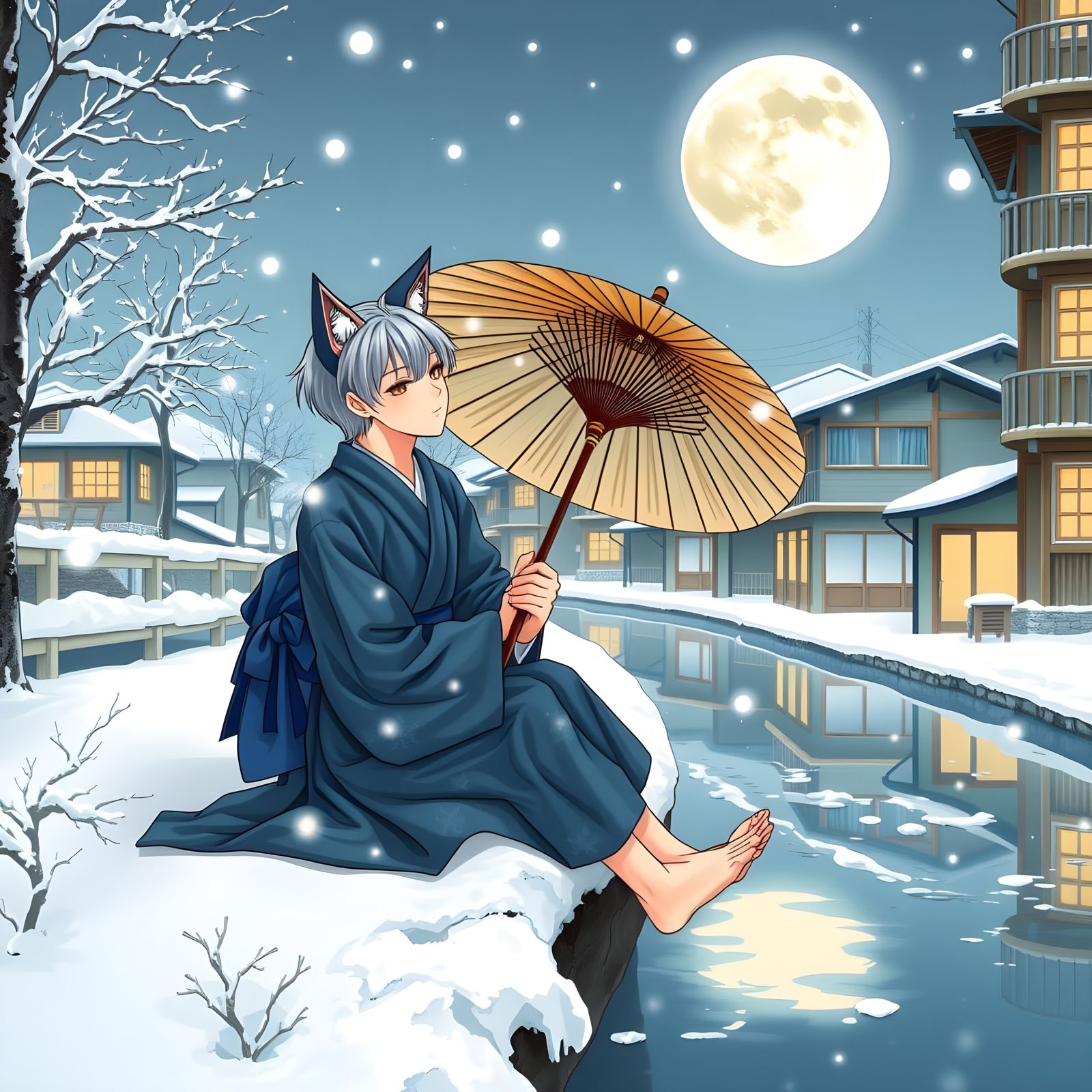 Nekomimi Man at Canal on Winter Night