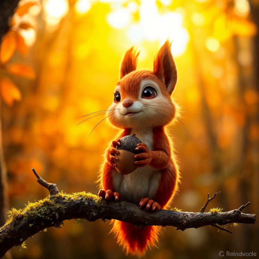 Surreal Autumn Forest Scene with Adorable Red Squirrel