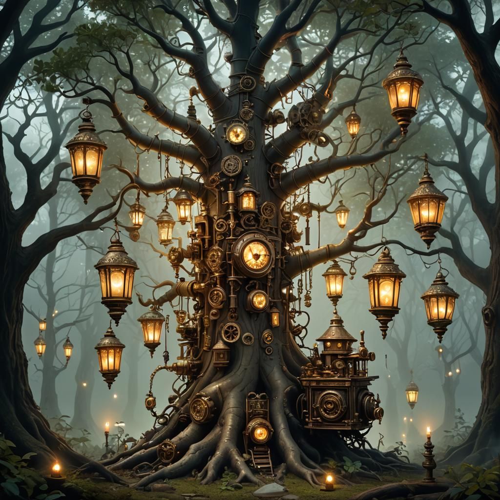 Mystical Forest with Clockwork Heart Tree