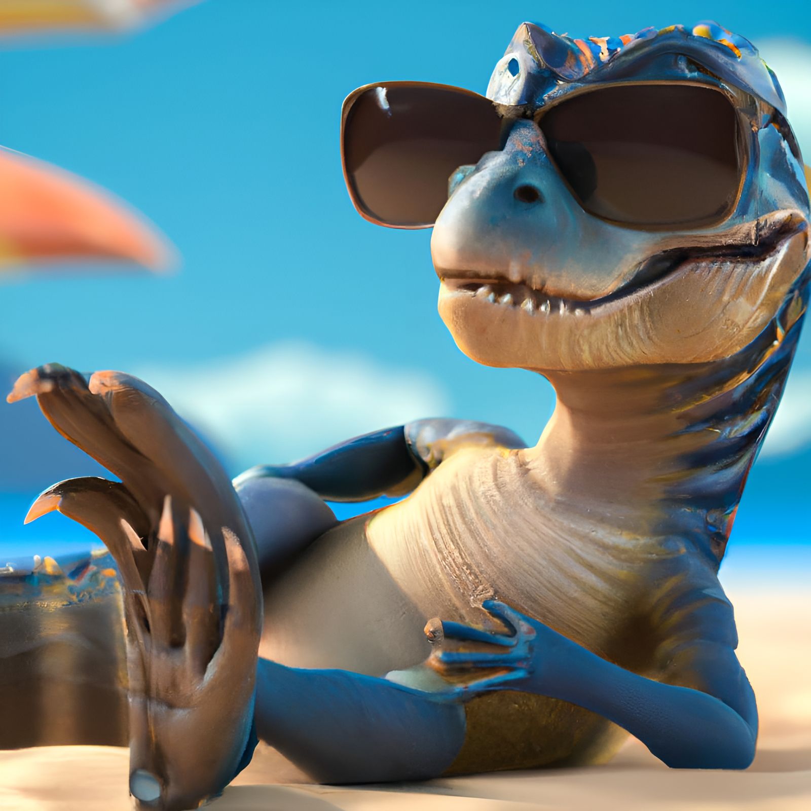 Adorable Dinosaur Relaxing on the Beach in 3D