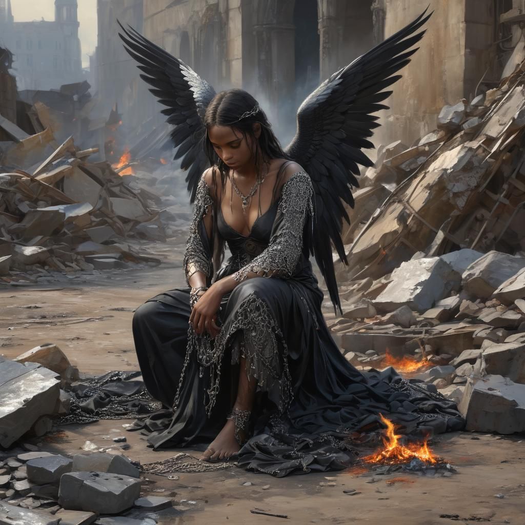 Melancholic Angel in Burning City, Oil Painting