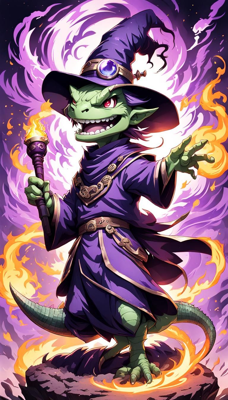 Cartoon Chibi Lizard Witch Laughing with Magical Smoke