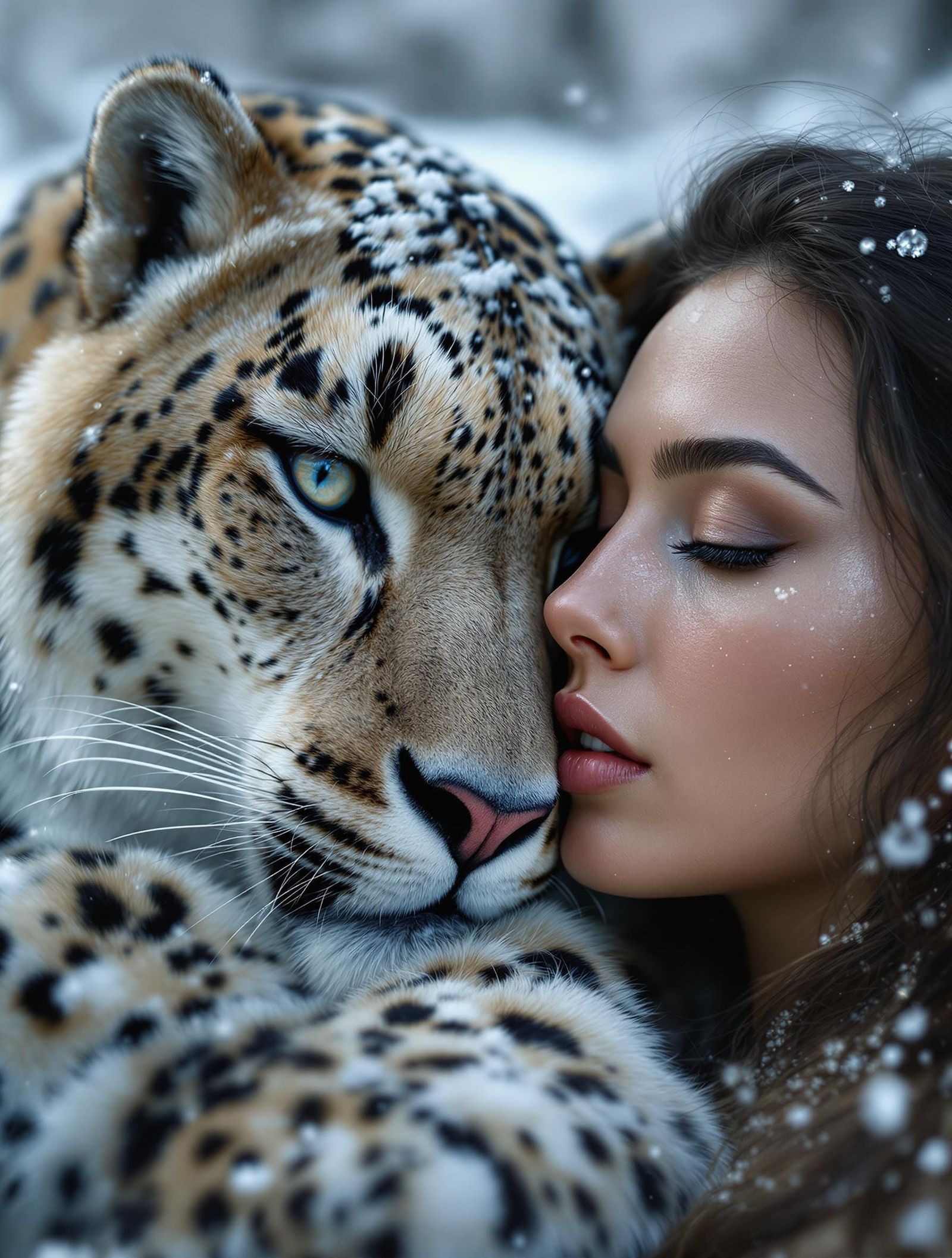 Cinematic Portrait of Woman and Snow Leopard