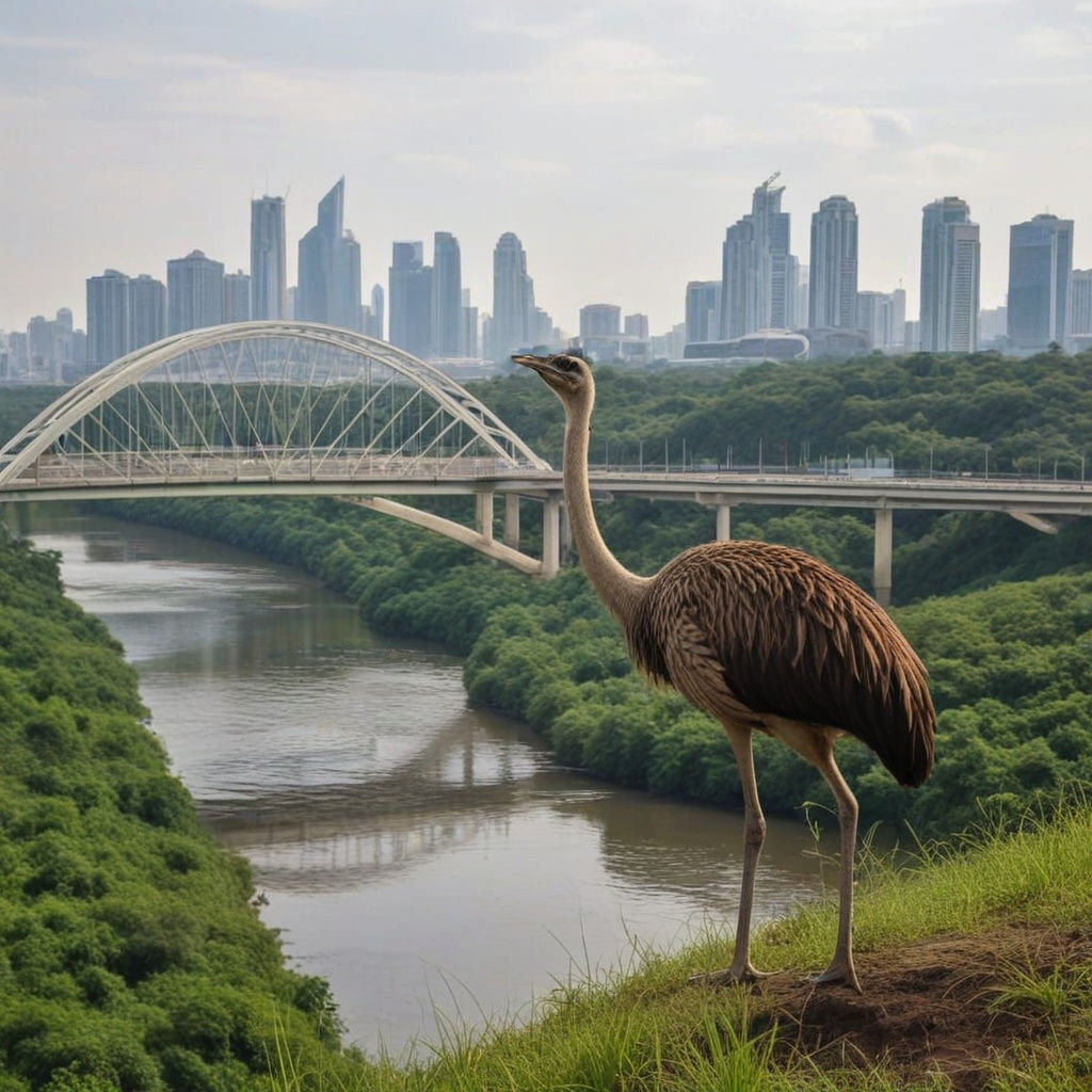 Surreal Ostrich Observes Futuristic Megalopolis
