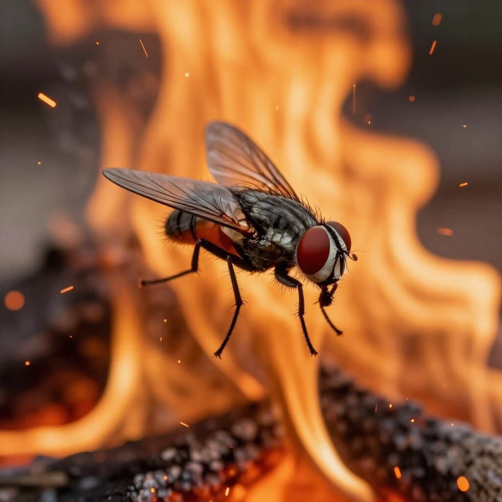 Housefly Caught in Roaring Bonfire Macro Photo
